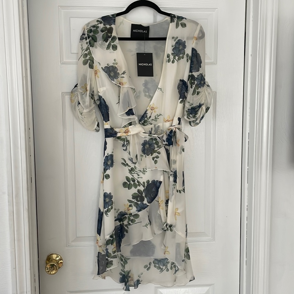 Nicholas White Blue Rose Ruffle Wrap Dress‎ 100% silk NWT